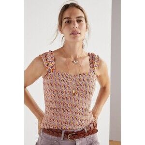 NWT Anthropologie By Maeve Womens Square Neck Tank Top XL Pink Combo Smocked